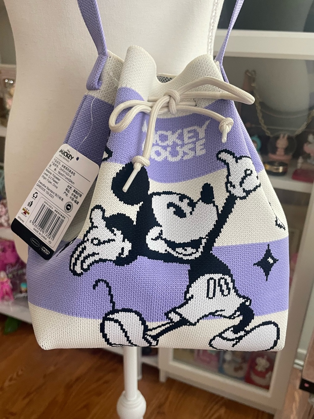 Disney Mickey Mouse Knit Drawstring Shoulder Bag – Purple & Cream